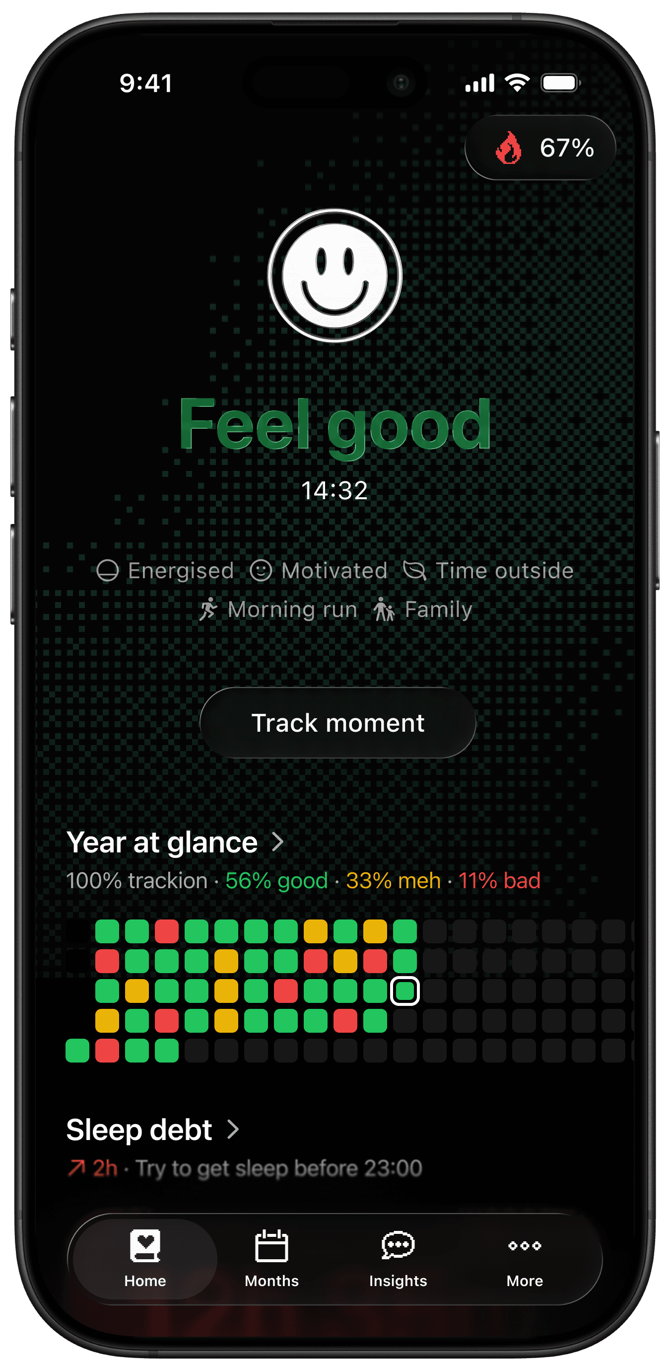 Daygrain — an energy journal showing your Fuel score, main drain, main refuel, and one fix for tomorrow (example screen)